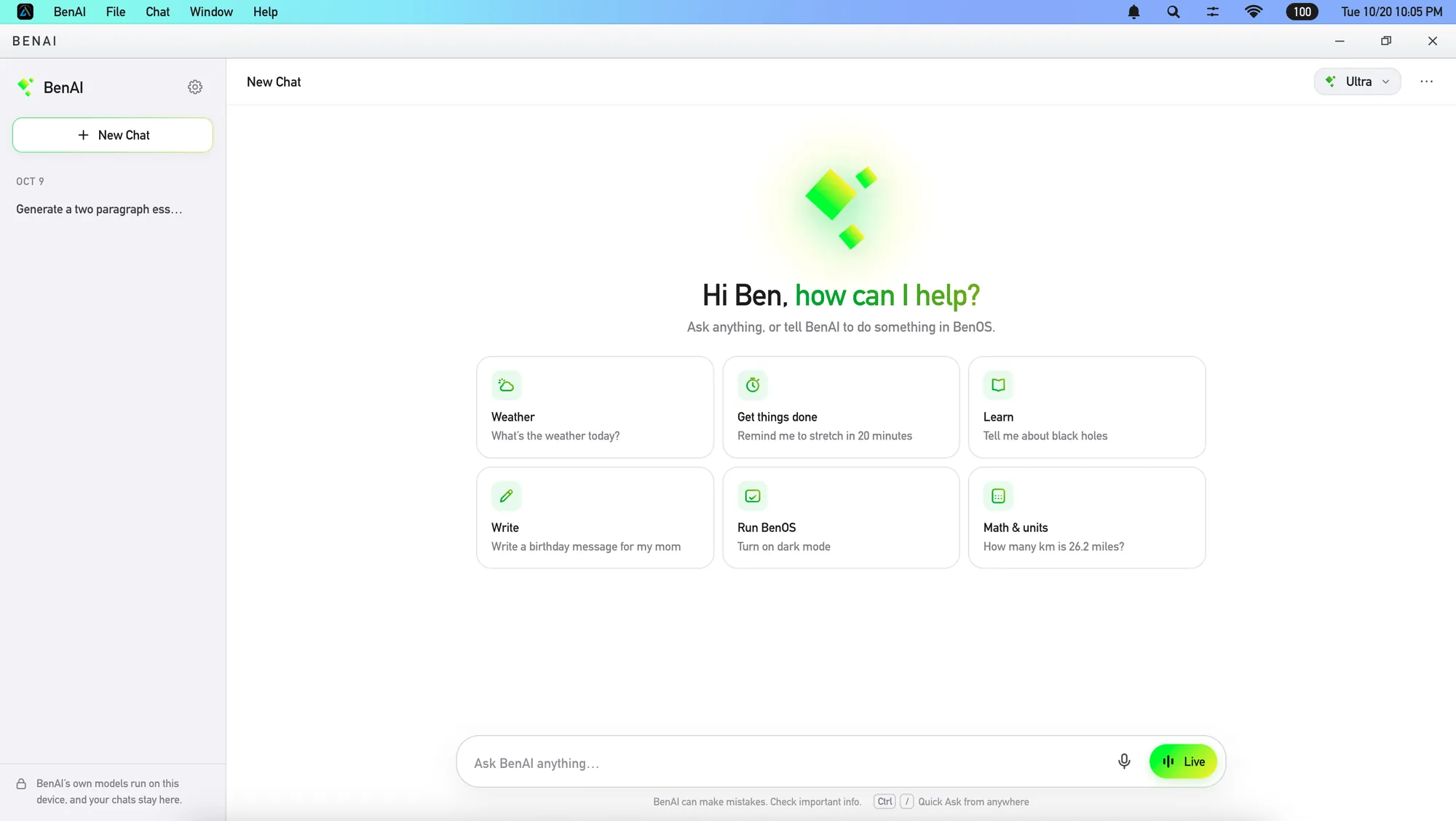 BenAI in BenOS Genesis, greeting Ben with suggestions for the weather, reminders, learning, writing, running BenOS and math