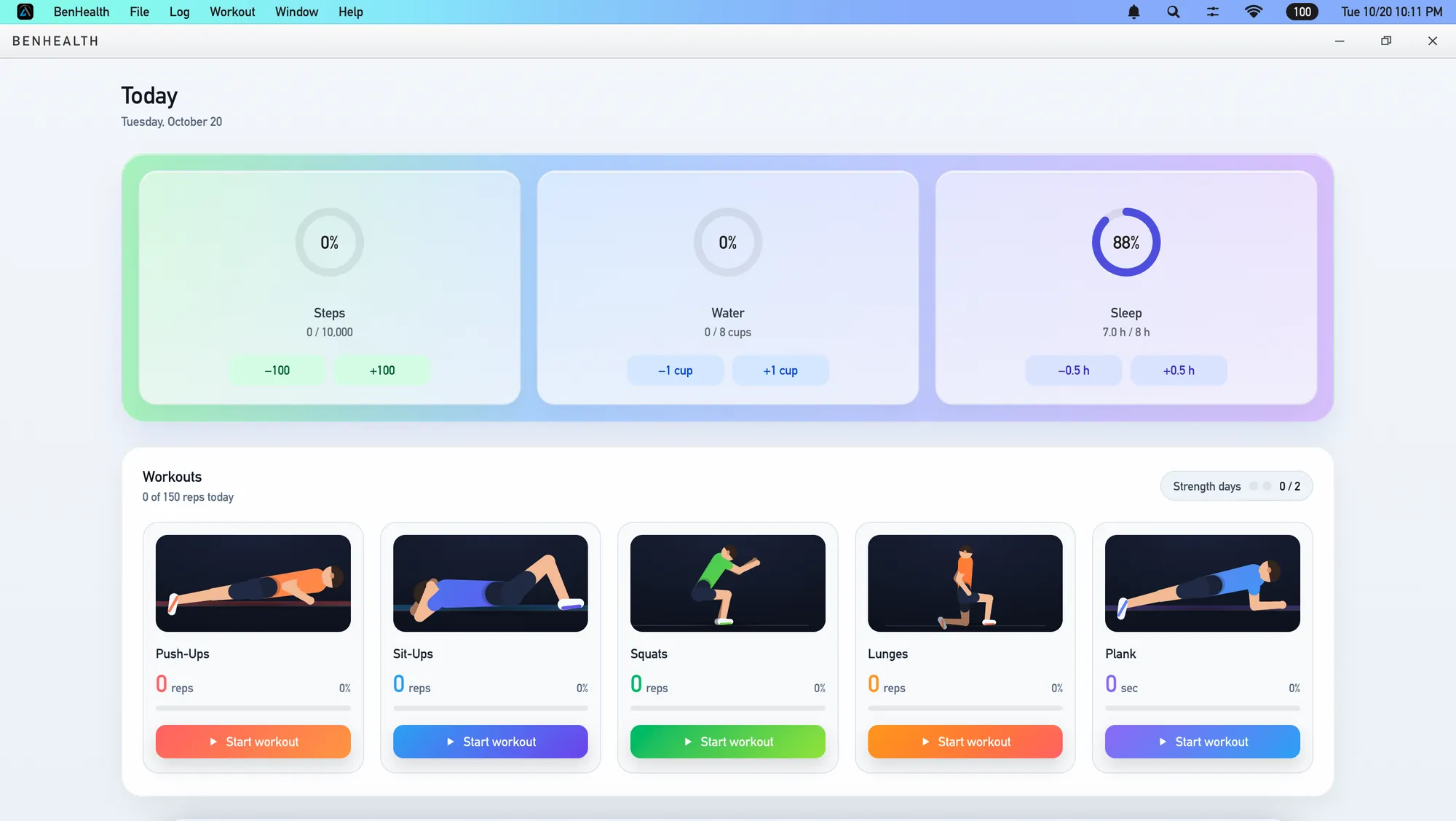 BenHealth's Today view, with steps, water and sleep rings and five guided workouts