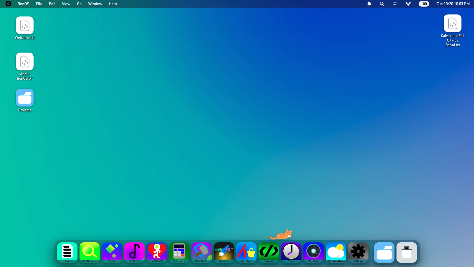 The BenOS Genesis desktop in dark mode, with a dark menu bar and dock