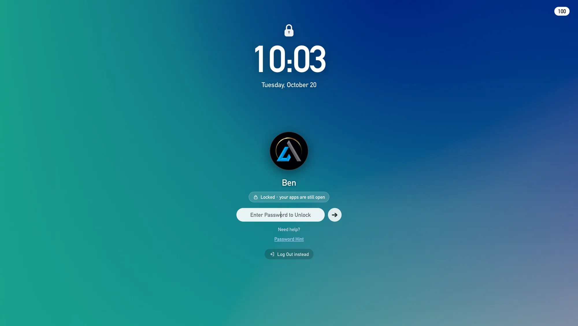 The BenOS Genesis lock screen, showing the time and date above Ben's account